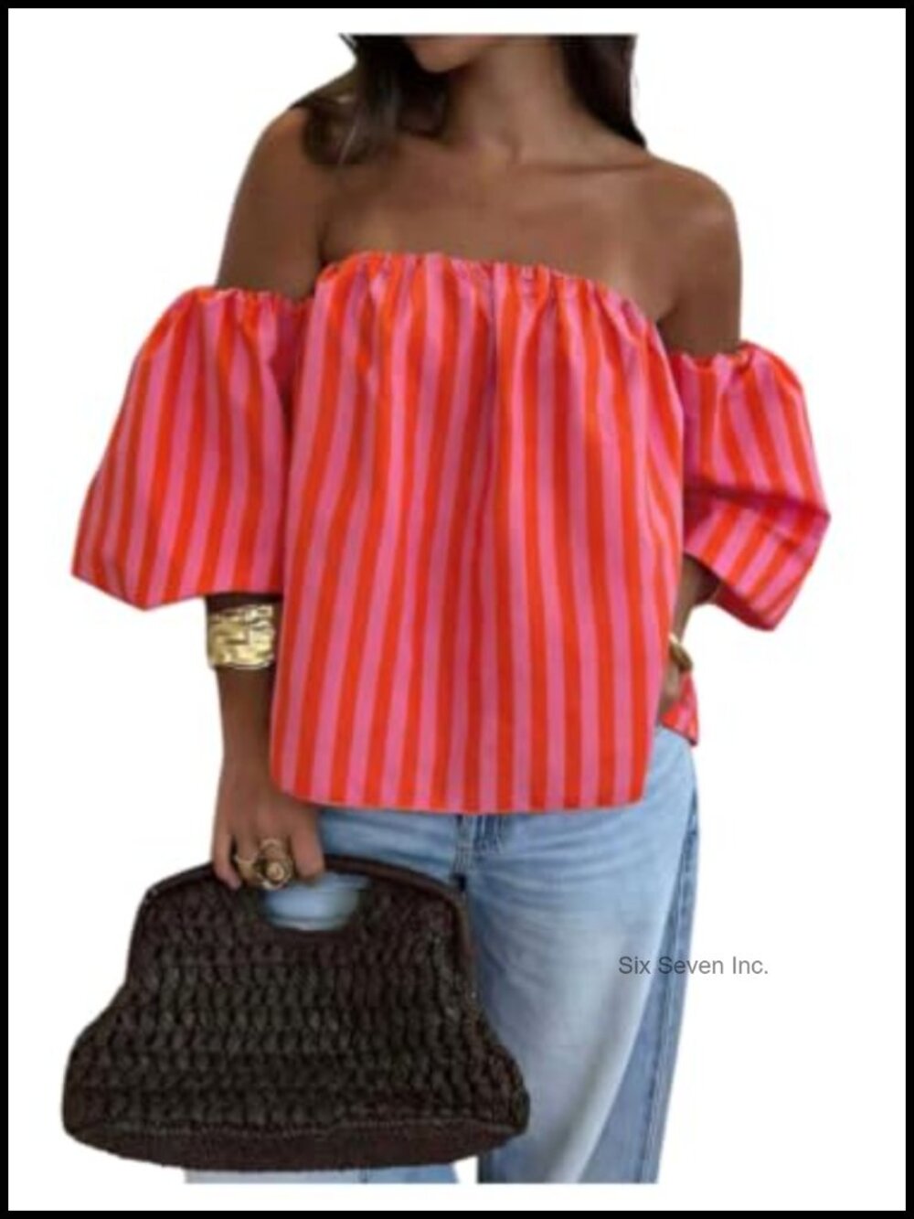 Polka Dot Off Shoulder Blouse 3/4 Puff Sleeve Spring Top